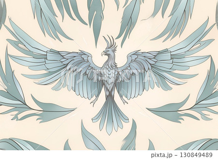 Stylized blue mythical bird with outstretched wings and feather accents 130849489