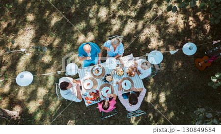 Top view of grandparents, parents and kids during grill party. 130849684