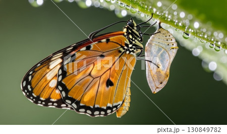 Beautiful butterfly emerging from chrysalis with morning dew drops on leaf 130849782