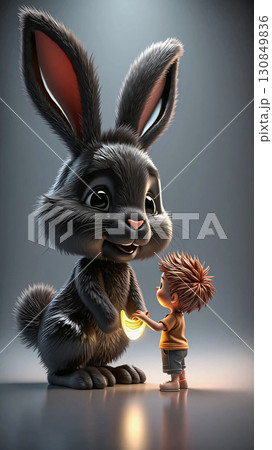 Boy and bunny friendship a heartwarming cartoon. A cartoon illustration features a young boy and an oversized, anthropomorphic rabbit.  130849836