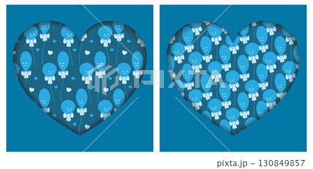 Circle and Deflated Blue Balloons with Set Face Pattern in Heart Shape Backdrop Paper Cut Effect Set 130849857