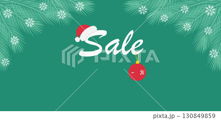 Sale Text with Santa Hat and Christmas Ball with Discount Template and Pine Twigs Snow Banner Format 130849859