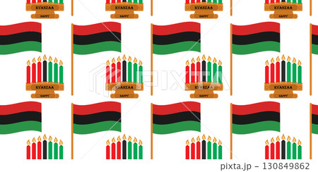 Candlestick with seven Candles and Flags Pan African Seamless Pattern Banner Format Kwanzaa Backdrop 130849862