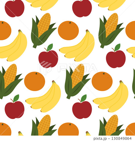 Ripe Red Apple Orange Bananas Bunch and Corn Cob Seamless Pattern Fruits Colorful Background Texture 130849864