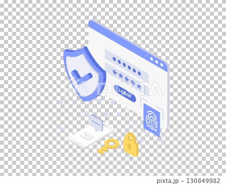 セキュリティ対策をイメージしたアイソメトリックなベクターイラスト (2段階認証・ログイン・不正アクセ 130849982