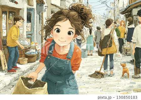 美優シリーズ：美優が地域の人たちと商店街の清掃活動に参加するシーン 130850183
