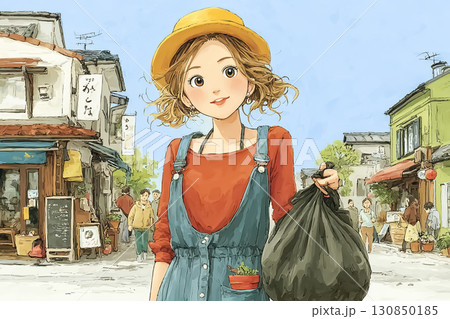 美優シリーズ：美優が地域の人たちと商店街の清掃活動に参加するシーン 130850185