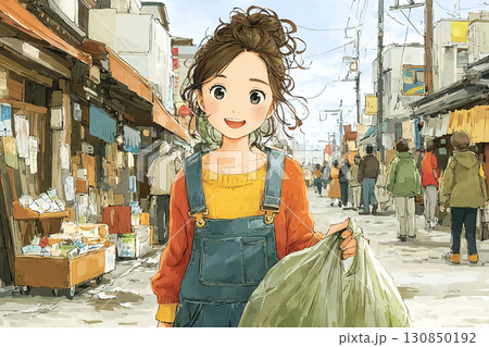 美優シリーズ：美優が地域の人たちと商店街の清掃活動に参加するシーン 130850192