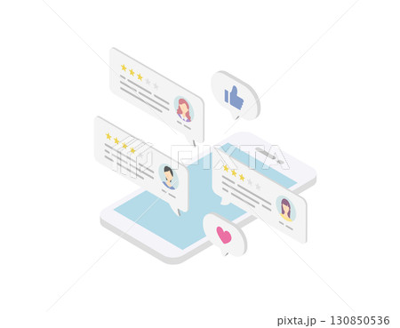 スマホに表示されたレビュー・クチコミの顧客満足度をイメージしたベクターイラスト (アイソメトリック) スマホに表示されたレビュー・クチコミの顧客満足度をイメージしたベクターイラスト (アイソメトリック) 130850536