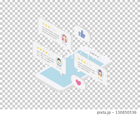 A vector illustration (isometric) of customer satisfaction ratings based on reviews and word-of-mouth displayed on a smartphone A vector illustration (isometric) of customer satisfaction ratings based on reviews and word-of-mouth displayed on a smartphone 130850536