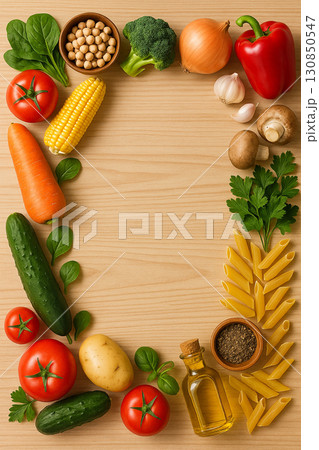 Seasonal Veg and Pasta on Wood (Vertical) 130850547