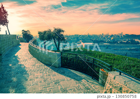 View from the Mount of Olives to the Old City of Jerusalem during sunset, Israel View from the Mount of Olives to the Old City of Jerusalem during sunset, Israel 130850758