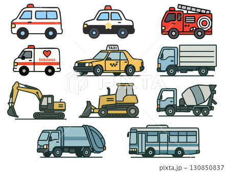 緊急車両と建設車両と公共交通のイラストセット 130850837
