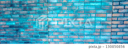 Blue brick wall abstract background. Horizontal banner Blue brick wall abstract background. Horizontal banner 130850856