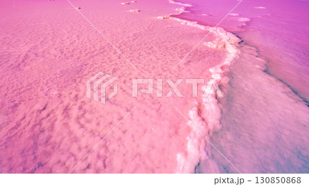 The Pink lake of Torrevieja. Salty texture of Pink lake. Water nature background The Pink lake of Torrevieja. Salty texture of Pink lake. Water nature background 130850868