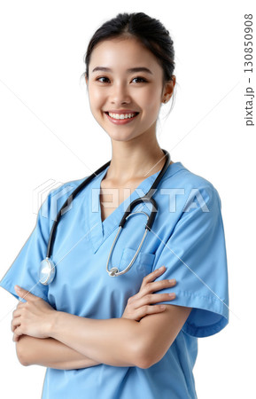 trusted pediatrician portrait - A waist-up shot of a female doctor in scrubs holding a stethoscope and smiling, on transparent 130850908