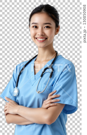 trusted pediatrician portrait - A waist-up shot of a female doctor in scrubs holding a stethoscope and smiling, on transparent 130850908