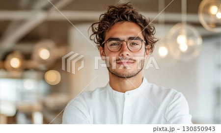 Closeup of cheerful young businessman posing in contemporary workspace Closeup of cheerful young businessman posing in contemporary workspace 130850943