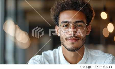 Portrait of confident young man in casual white shirt at modern workplace 130850944