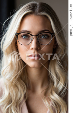 White female with silvery-blonde curls and high-concept fashion glasses, her expression one of emotional command as values symbols radiate, symbolizing 130851036