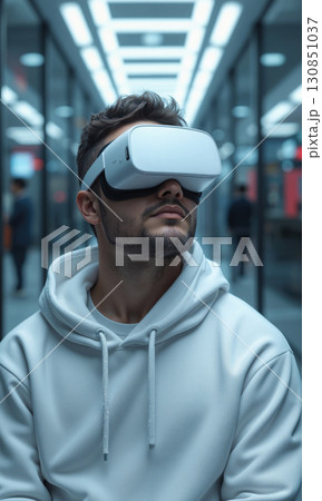 3D White Dev VR Headset 3D stylized White male 27 hoodie VR headset looking upward, cool light, shallow 130851037
