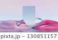 3d render, Abstract surreal landscape with geometric tower and silver ring on pastel background 130851157