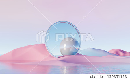 3d render, Surreal minimal landscape with reflective sphere inside transparent ring on pastel hills 3d render, Surreal minimal landscape with reflective sphere inside transparent ring on pastel hills 130851158