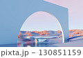 3d render, Surreal minimal scene with large arch structure and reflective circular platform on pastel desert 130851159