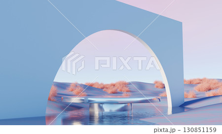 3d render, Surreal minimal scene with large arch structure and reflective circular platform on pastel desert 130851159