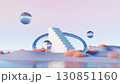 3d render, Surreal minimal scene with floating reflective spheres and white staircase on pastel desert 130851160