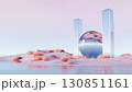 3d render, surreal abstract landscape with glass sphere and mirror towers 130851161