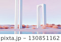 3d render, surreal abstract landscape with tall white arch structures in desert 130851162