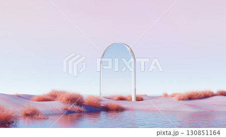 3d render, surreal abstract desert landscape with mirror arch structure 3d render, surreal abstract desert landscape with mirror arch structure 130851164