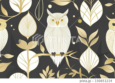 White and gold owl perched on a branch amidst stylized leaves and floral motifs on a dark background White and gold owl perched on a branch amidst stylized leaves and floral motifs on a dark background 130851214