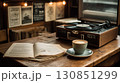 レトロカフェの机と本とレコードプレーヤー 130851299