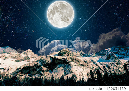 night view of snowy mountain range and milky way. starry night sky with stars and moon. beautiful landscape with snowy mountain peaks in winter night. night view of snowy mountain range and milky way. starry night sky with stars and moon. beautiful landscape with snowy mountain peaks in winter night. 130851339