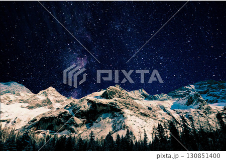night view of snowy mountain range and milky way. starry night sky with stars and moon. beautiful landscape with snowy mountain peaks in winter night. 130851400