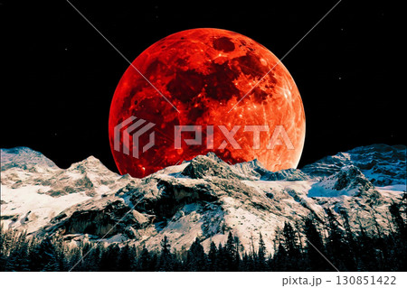 night view of snowy mountain range and milky way. starry night sky with stars and moon. beautiful landscape with snowy mountain peaks in winter night. 130851422