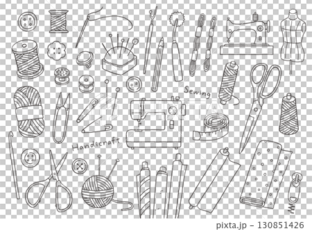 Illustration set related to sewing and handicrafts (monochrome) 130851426