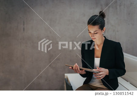 Portrait of young businesswoman working on tablet in office. 130851542
