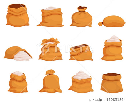 Cartoon flour bags. Full and empty textile bag with porridge, sugar, salt or other bulk products. Harvest sacks, farming agriculture sapid vector elements 130851864