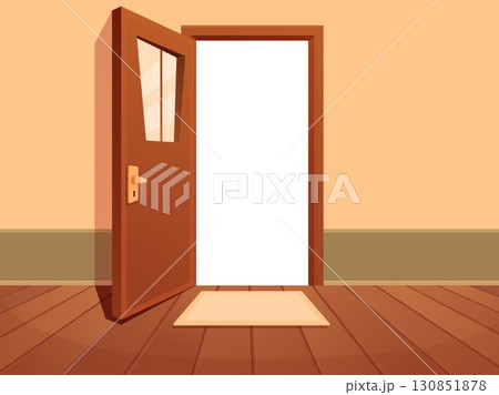 House entrance or exit. Open wooden door from hallway view. Looking from apartment, white space doorway. Cartoon interior, sapid vector scene 130851878