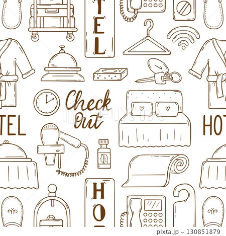Hand drawn hotel pattern. Doodle motel interior elements, bed key hair dryer towel. Outline items print for fabric wallpaper wrapping, neoteric vector background 130851879