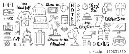 Doodle hotel lettering. Motel equipment, interior accessories. Bathroom bedroom tools, toilet paper, slippers, key. Hostel neoteric vector icons 130851880