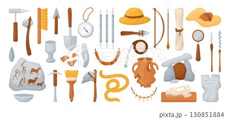 Cartoon archeological tools. Stone ages historic findings, archeologist working equipment. Brushes, measuring tape, magnifying glass, neoteric vector clipart Cartoon archeological tools. Stone ages historic findings, archeologist working equipment. Brushes, measuring tape, magnifying glass, neoteric vector clipart 130851884