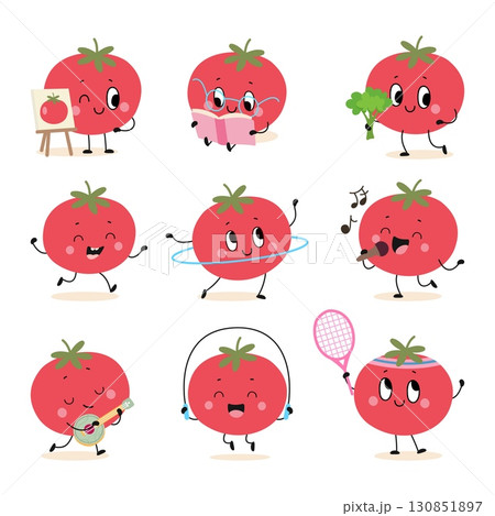 Cartoon tomato characters. Red tomatoes various situations, reading book, play tennis, singing, musician. Funny childish vegetable mascot nowaday vector set Cartoon tomato characters. Red tomatoes various situations, reading book, play tennis, singing, musician. Funny childish vegetable mascot nowaday vector set 130851897