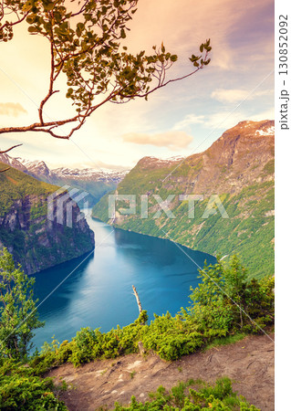 View of the Geiranger fjord from Ornesvingen Viewpoint. Beautiful nature of Norway View of the Geiranger fjord from Ornesvingen Viewpoint. Beautiful nature of Norway 130852092