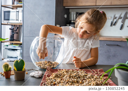 Little girl pouring stones into glass container to create drainage for future florarium or closed ecosystem. Hands-on learning, eco-friendly creativity and early involvement in nature-based projects. Little girl pouring stones into glass container to create drainage for future florarium or closed ecosystem. Hands-on learning, eco-friendly creativity and early involvement in nature-based projects. 130852245