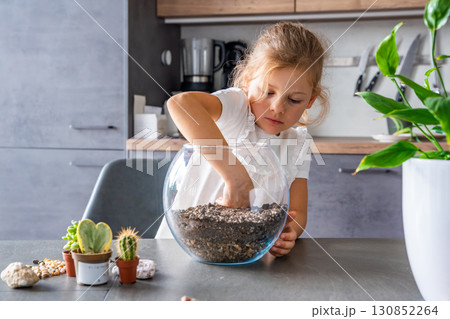 Little girl arranging soil, planting cacti and decorating a terrarium with stones and shells. Concept of creativity, eco-conscious learning and hands-on nature-based activity in childhood 130852264