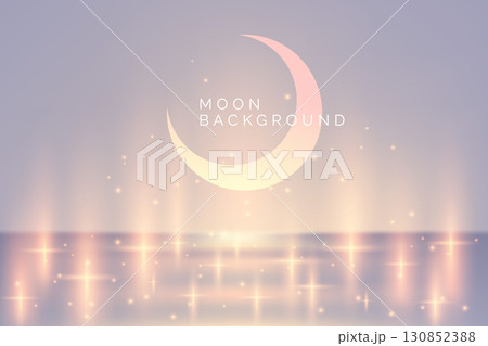 Silver purple white background with luminous elements and crescent moon, inscription Moon background. Light and shadow effects.. Space for text 130852388
